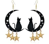 KVANU Black Cat on the Moon Dangle Earrings Acrylic Moon Drop Earrings with Gold Star Lovely Resin Large Animal Earring for Women Statement Halloween Jewelry, Acrylic