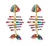KVANU Creative Exaggerated Long Colorful Sparkly Crystal Fish Bone Dangle Drop Earrings Vintage Gold Cute Enamel Diamond Animal metal Stud Earrings, 2.75 inches, Metal