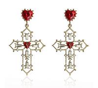 KVANU Unique Chic Big Gold Cross Red Heart Earrings Sparkly Crystal Baroque Hollow Cross Drop Dangle Earrings for Women Teens Bar Party Gifts, 65mm, Metal