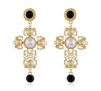 KVANU Unique Chic Big Gold Cross Red Heart Earrings Sparkly Crystal Baroque Hollow Cross Drop Dangle Earrings for Women Teens Bar Party Gifts, 65mm, Metal