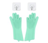 KVBUCC 1 Pair of Grass Green Gloves, 2 Pieces Hooks, Reusable Magic Silicone Cleaning Gloves, Kitchen Dishwashing Gloves with Hooks, Suitable for Household Chores, Pet Hair, Multi-purpose Use