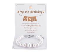 Kvekstio 1 Year Old First Birthday Pearl Bracelet Daughter Granddaughter Niece Jewelry Happy 1st Birthday Adjustable White Bead Bracelet Gift for Age 1 Medium
