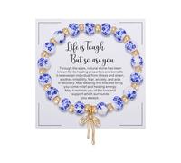 Kvekstio Blue and White Porcelain Beads Bracelet for Women, Get Well Soon Gift for Tough Times, Flower Vintage Christian Gift, Adjustable, Ceramic Plastic Stainless Steel, blue and white porcelain