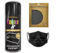 KVIOR Colour It Black Matt Spray Paint 400ml for Wood, Metal, Plastic, and Furniture DIY Repairs, Bundled with Reusable Fabric Face Mask for Safe Painting & a 6pc Wet and Dry Sandpaper Set