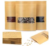 Kvittra 100pcs Kraft Paper Treat Bags with Window, Ziplock Stand Up Pouches for Packing Food Cookies Snacks, Resealable Bag with Transparent Window and Tear Notch for Multipurpose Storage