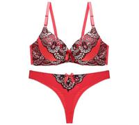 KVLHCSVA Sexy Lace Women Push Up Bra Sets Sequins Thongs Bra Brief Sets French Romantic Intimate Underwear Panty Set Red