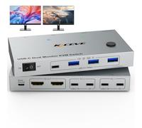 KVM Switch 2 Monitors 2 Laptops USB C,4K@60Hz USB C Dual Monitor KVM Switch for 2 Laptops Share 4 USB 3.0 Devices with 80W PD,Wired Remote and Cables Included