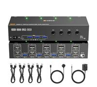 KVM Switch 3 Monitors 4 Computers 4K@60Hz,EDID Simulation,USB 3.0 HDMI Displayport KVM Switch Triple Monitor for 4 PC Share 3 Monitors and Keyboard Mouse Printer,with Wired Remote and 4 USB Cables