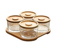 KVMORZE 9.5oz Chip and Dip Serving Set with Bamboo Tray, Snack Candy Fruit Nut Serving Platter, Small Glass Dipping Serving Bowls with Lids for Condiments, Side Dishes, Pre, Dessert, Salsa (4 Slots)