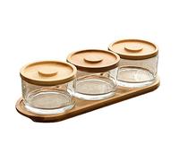 KVMORZE Chip and Dip Serving Set with Bamboo Tray, Snack Candy Fruit Nut Serving Platter, Small Glass Dipping Serving Bowls with Lids for Condiments, Side Dishes, Pre, Dessert, Salsa (3 Slots)