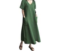 Kvruhuiy Summer Linen Dress for Women Casual V Neck A Line Cotton Short Sleeve Solid Maxi Dress Green M