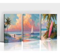 KVTM 3-Pcs Beach Canvas Wall Art Set, Palm Tree Surfboard Seascape Artwork, Sunset Tropical Prints Summer Ocean Pictures Framed Painting for Coastal Room Bedroom Living Room Decor, 8"x12"x3pcs