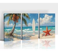 KVTM 3-Pcs Beach Canvas Wall Art Set, Palm Tree Surfboard Seascape Prints, Coastal Pictures Vibrant Summer Ocean Artwork, Ready-to-Hang Painting for Living Room Bedroom Home Decor, 8"x12"x3pcs