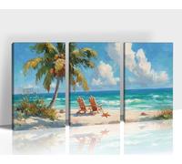 KVTM 3-Pcs Beach Canvas Wall Art Set, Tropical Palm and Ocean Painting, Relaxing Coastal Pictures Nautical Artwork, Panoramic Beach Scene Prints Wall Decor for Living Room Bedroom Office, 8"x12"x3pcs