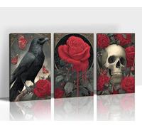 KVTM 3 Pcs Gothic Wall Art Vintage Halloween Pictures Red Rose Skull Raven Butterfly Canvas Wall Decor Monochrome Artwork Decor Ready to Hang Prints for Bedroom Living Room Office, 8"x12"x3pcs