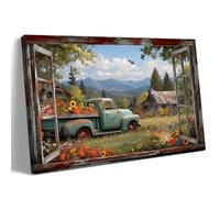 KVTM Farmhouse Wall Art Rustic Open Window Farm Pictures, Vintage Truck Barn Scene Painting, Mountain Landscape Canvas Wall Decor for Living Room Bedroom Country Home, 8x12 inches