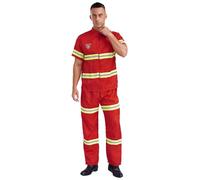 Kvysinly Adult Red Fire Fighter Costume Mens 4 Pcs Plastic Helmet Short Sleeve Jacket Coat Pants and Belt Suit Red M