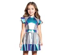 Kvysinly Alien Girl Costume Shiny Metallic Cap Sleeve Dress Halloween Party Costume Alien Dress Up Blue 13-14 Years