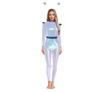 Kvysinly Alien Lady Costume Shiny Multi-Coloured Dress with Headband, Halloween Space Alien Fancy Dress Up Shiny Silver XL