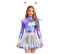 Kvysinly Alien Lady Costume Shiny Multi-Coloured Dress with Headband, Halloween Space Alien Fancy Dress Up Silver S