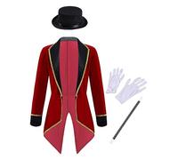 Kvysinly Boys Girls Halloween Circus Ringmaster Outfit Long Sleeve Lapel Tailcoat with Hat Magic Wand Gloves Burgundy 3-4 Years