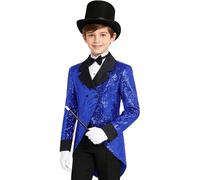 Kvysinly Boys Kids Tail Sequin Jacket Tuxedo Coat Slim Fit Magician Tailcoat Blazer Accessories Performance Circus Show Royal Blue 13-14 Years