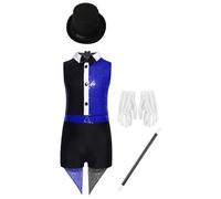 Kvysinly Girls 4pcs Circus Magician Sequins Outfit Sets Turn-down Collar Zip Leotard with Hat Gloves Magic Wand Royal Blue 9-10 Years