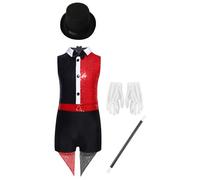Kvysinly Girls 4pcs Circus Magician Sequins Outfit Sets Turn-down Collar Zip Leotard with Hat Gloves Magic Wand Red 13-14 Years