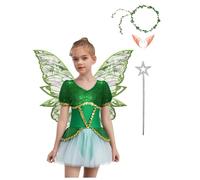 Kvysinly Girls 5pcs Flower Fairy Costume Shiny Sequins Zip Dress Matched Butterfly Accessories Green 5-6 Years