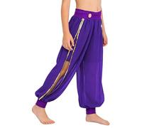 Kvysinly Girls Belly Dance Pants Arabic Bloomers Gold Trim Side Split Baggy Pants for Performance Purple 13-14 Years