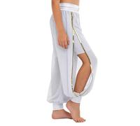 Kvysinly Girls Belly Dance Pants Arabic Bloomers Gold Trim Side Split Baggy Pants for Performance White 9-10 Years