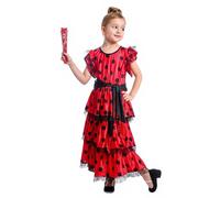 Kvysinly Girls Patchwork Lace Costume Black Polka Dot Layered Ruffled Skirt Matched Fan and Waist Belt Red 2-3 Years