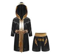 Kvysinly Kids Boys Girls Boxing Costumes Boxer Dress-up Party Outfits 2 Piece Kickboxer Robe And Boxing Shorts Sets Black&Gold 9-10 Years