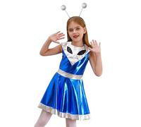 Kvysinly Kids Girls Alien Fancy Dress Halloween Costumes Shiny Metallic Cheer Leader Dress with Hair Hoop Sets Blue 9-10 Years