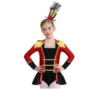 Kvysinly Kids Girls Circus Ringmaster Outfit Halloween Dress Long Sleeve Sequins Bodysuit with Feather Hat Red 7-8 Years