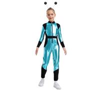 Kvysinly Kids Shiny Alien Jumpsuit Girls Boys Sparkly Metallic Robot Catsuit Zip Front Space Explore Outfits Sky Blue Black 11-12 Years