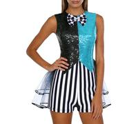 Kvysinly Mad Clown Costume Adult, Womens Halloween Sequins Patchwork Bowtie Cutout Rompers Tiered Tulle Hem Black Blue L