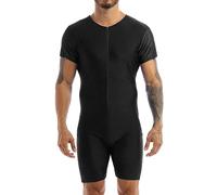Kvysinly Men One Piece Short Sleeve Front Zipper Boxer Shorts Leotard Running Workout Fitness Bodysuit Catsuit Black S