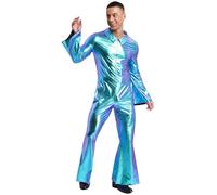Kvysinly Men's 1970's Disco Flares Trousers Jumpsuits Adults Fancy Dress Up Costume Lapel Flare Sleeve Rompers Blue XXL