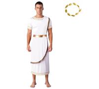 Kvysinly Men's 2 PCS Halloween Greek Costume Roman Toga Costumes White Robe with Gold Artificial Leaf Headband White M