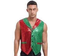 Kvysinly Men's Christmas Vest Sleeveless Sparkly Sequin Waistcoat Halloween Party Costume Elf Cosplay Costumes Red&Green L