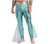 Kvysinly Men's Mermaid Pants King of The Seas Costume Fish Scale Printed Leggings Halloween Cosplay Party Wear Mint Green L