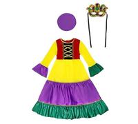 Kvysinly Mexican Traditional Clothes Set Color Block Swing Long Dress with Half Face Mask & Hat for Carnival Colorful 11-12 Years