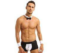 Kvysinly Sexy Men's Waiter Lingerie Set Waiter Tuxedo Cosplay Costume Boxer Briefs Bow Tie Collar Bracelets Black&White L