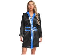 Kvysinly Womens 2 Piece Boxer Costume Metallic Trim Hooded Open Front Boxing Robe with Belts Black&Blue 16