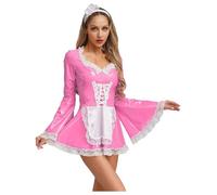 Kvysinly Women's French Maid Uniform Costume Lace Trim Long Flared Sleeve Mini Dress with Headband Pink 3XL