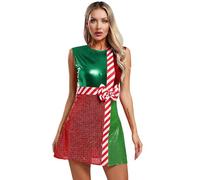 Kvysinly Women's Mrs Santa Costume Metallic Sequins Christmas Party Dress Sleeveless Bowknot Leotard Dress Green M