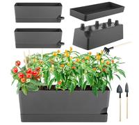 KvyusFlourish Self Watering Rectangular Planters, 4 Pack, 17" Indoor Outdoor Window Boxes, Herb Pots with Drainage Holes, Grey