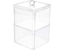 KW Collection Square Acrylic Cotton Ball Pads Gauze Swab Holder Organizer Q-tip Dispenser Storage Canister Bathroom Container Flossers Box Case (3.5 x 3.5 x 5.3 inches, Two Tiers, Transparent)