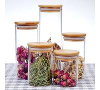 KWARE 5 Pack Glass Jars with wooden Lids Spice Jars with Lids and Labels, Airtight Small Glass Storage Jars Containers for Cereal, Tea, Coffee, Herbs, Seasoning, Sugar